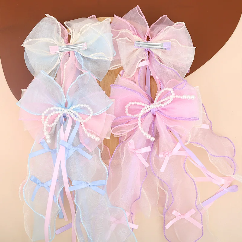 

Girls Tulle Bow Hair Clip With Pearl Bow And Ribbon Streamer For Birthday Party And Cosplay Princess Dress Up And Daily Wear