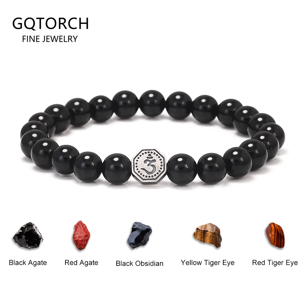 

Браслет из бисера из натурального камня 8 мм для мужчин и женщин, стерлинговое серебро 925 пробы, Ваджра, шесть слов, мантра, очаровательный обсидиан, агат, ювелирные изделия ручной работы