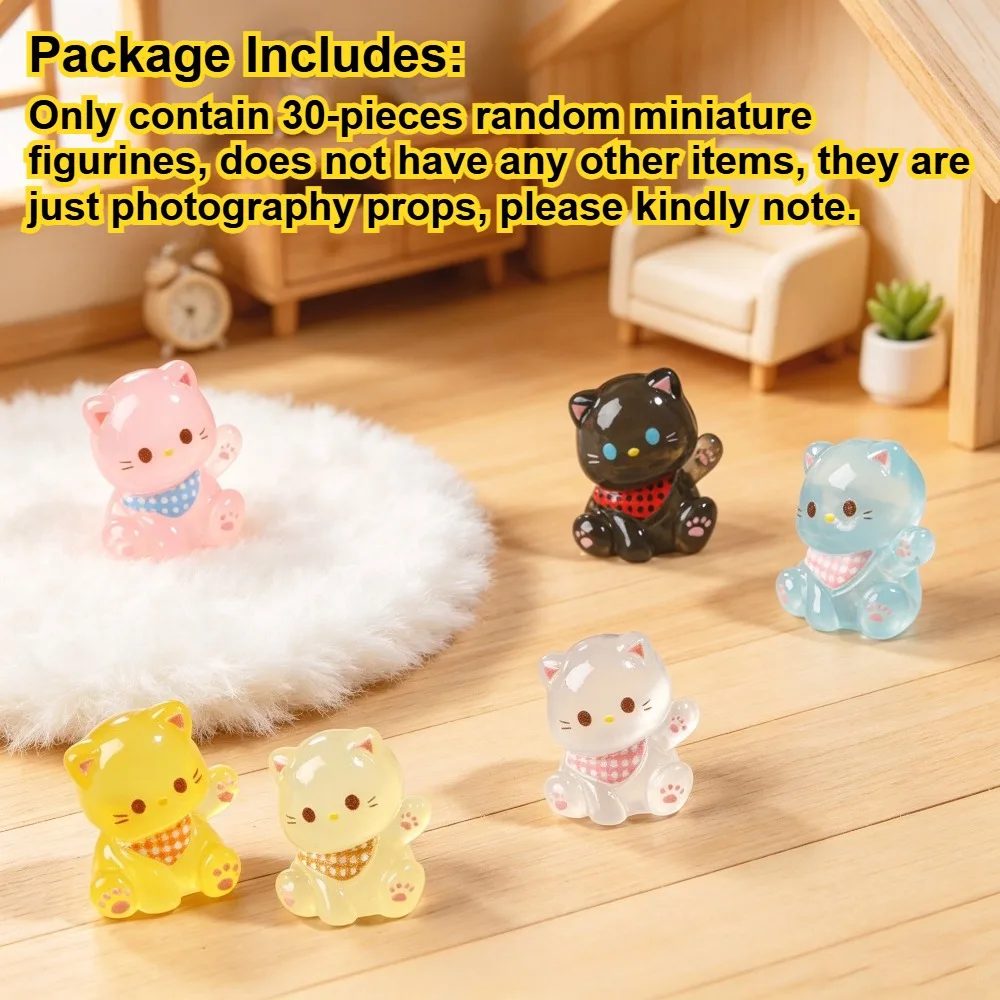 30PCS Mini Resin Cat Figurines Luminous Glow in Dark Cartoon Bib Kitty Tiny Ornament DIY Jewelry Making Micro Landscape Decor