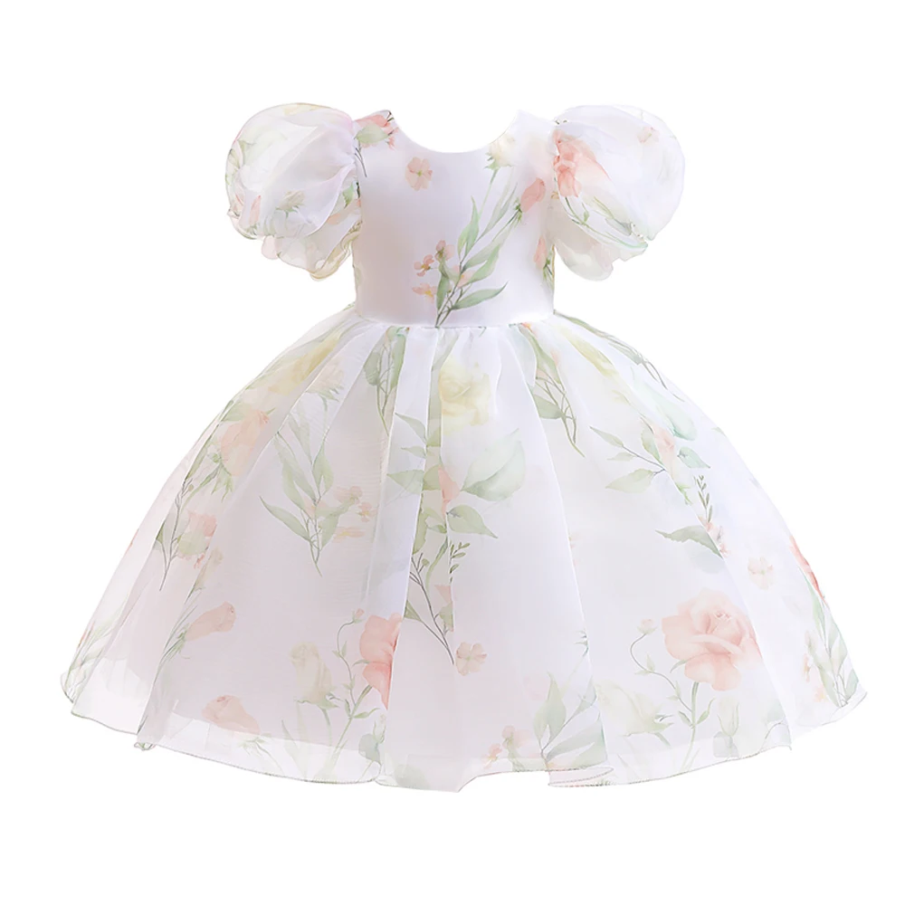 Elegant Flower Girls Party Dress Puff Sleeve Kids Bridemaid Dresses For Girl Wedding Prom Gown Children Birthday Princess Dress