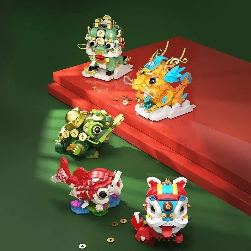 幸運の動物パズル 積み木セット かわいいライオン ドラゴン イモムシ マイクロブロック 装飾 コレクタブルおもちゃ ホームオフィス用ギフト