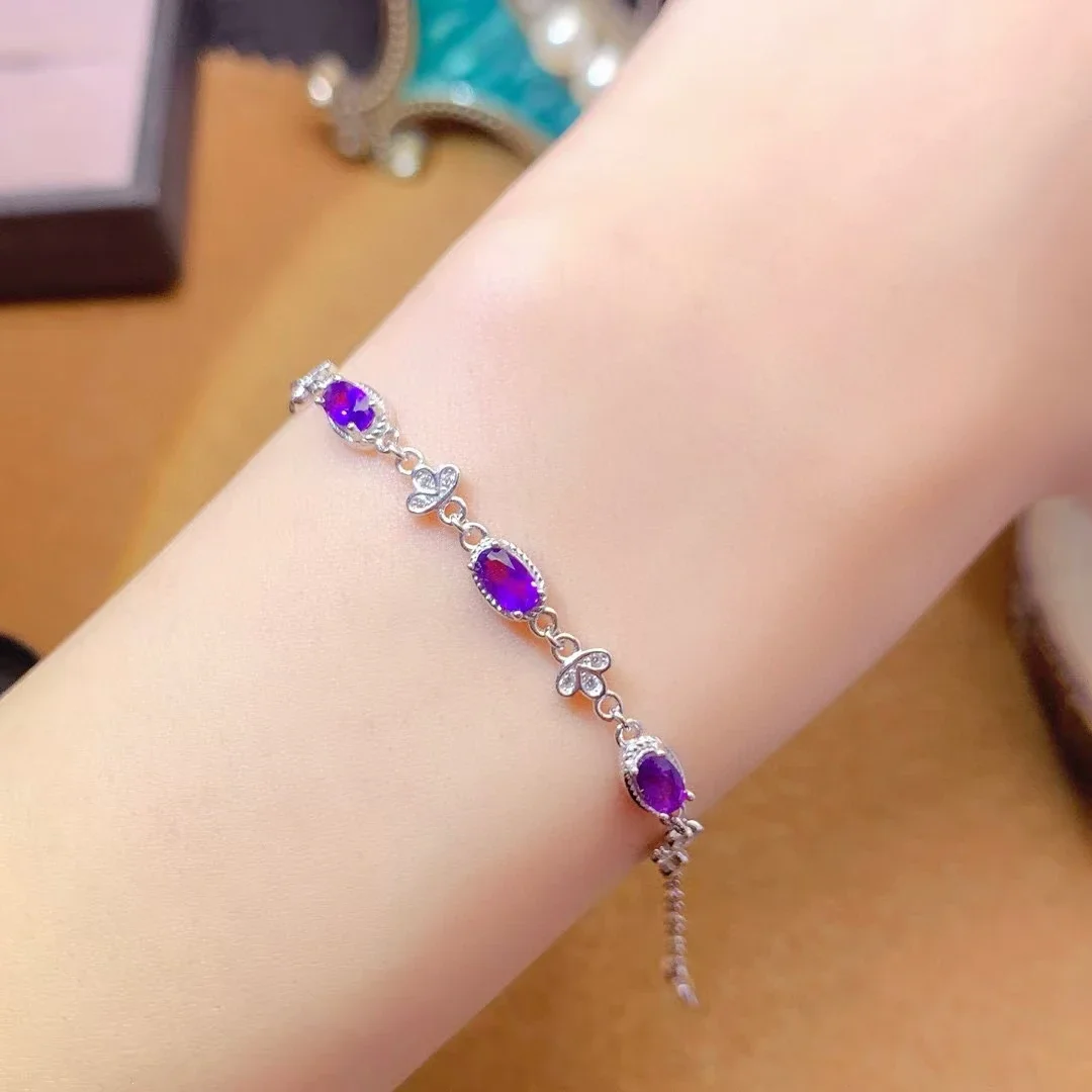 Solid 925 Silver Natural Amethyst Bracelet for Daily Wear 3mm*5mm Amethyst Bracelet 18K Gold Plated Crystal Jewelry