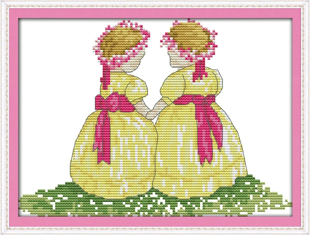 Yellow skirt sister cross stitch kit cartoon 11ct count print canvas stitches embroidery DIY handmade needlework plus