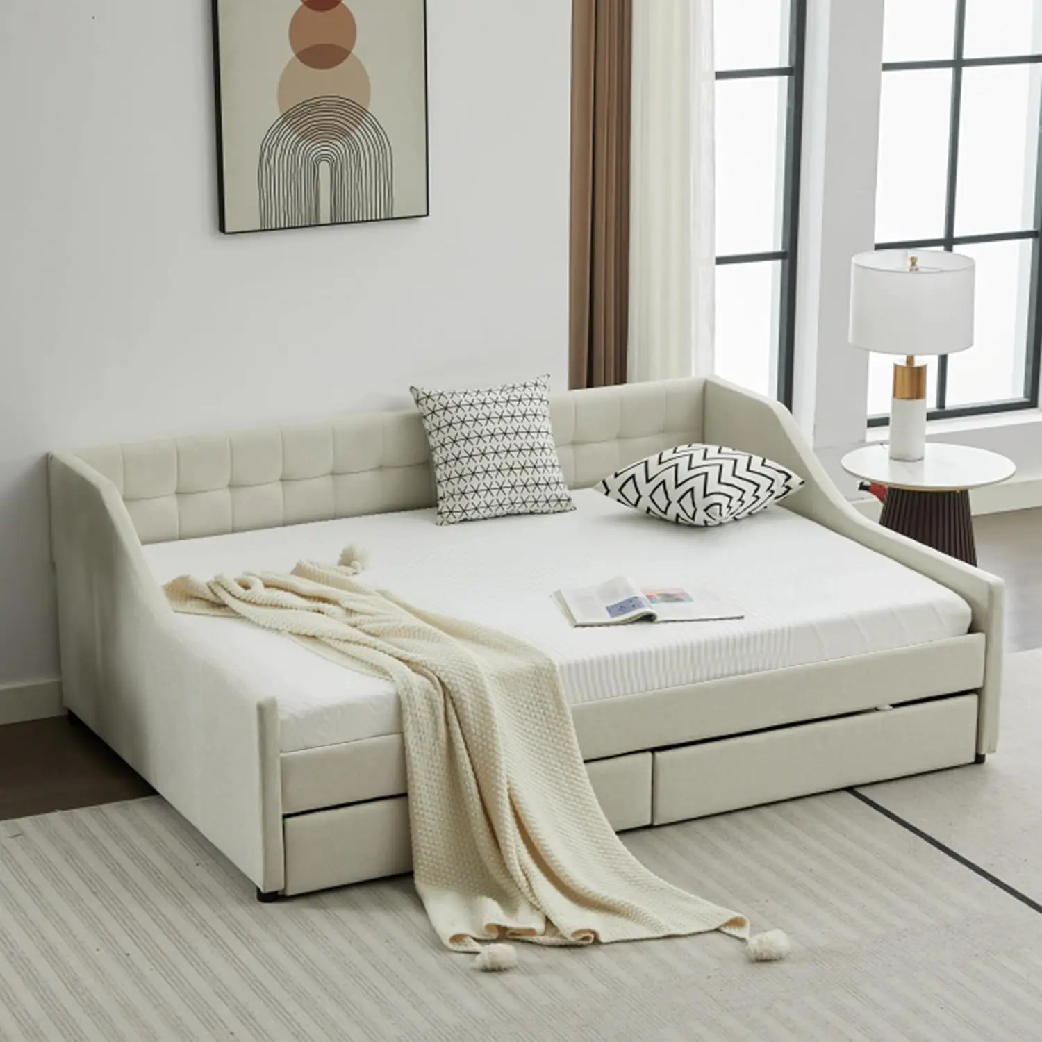 Adrie Sofá cama doble tapizado con botón capitoné y almacenamiento adicional, sofá para salón, dormitorio, habitación de invitados, beige