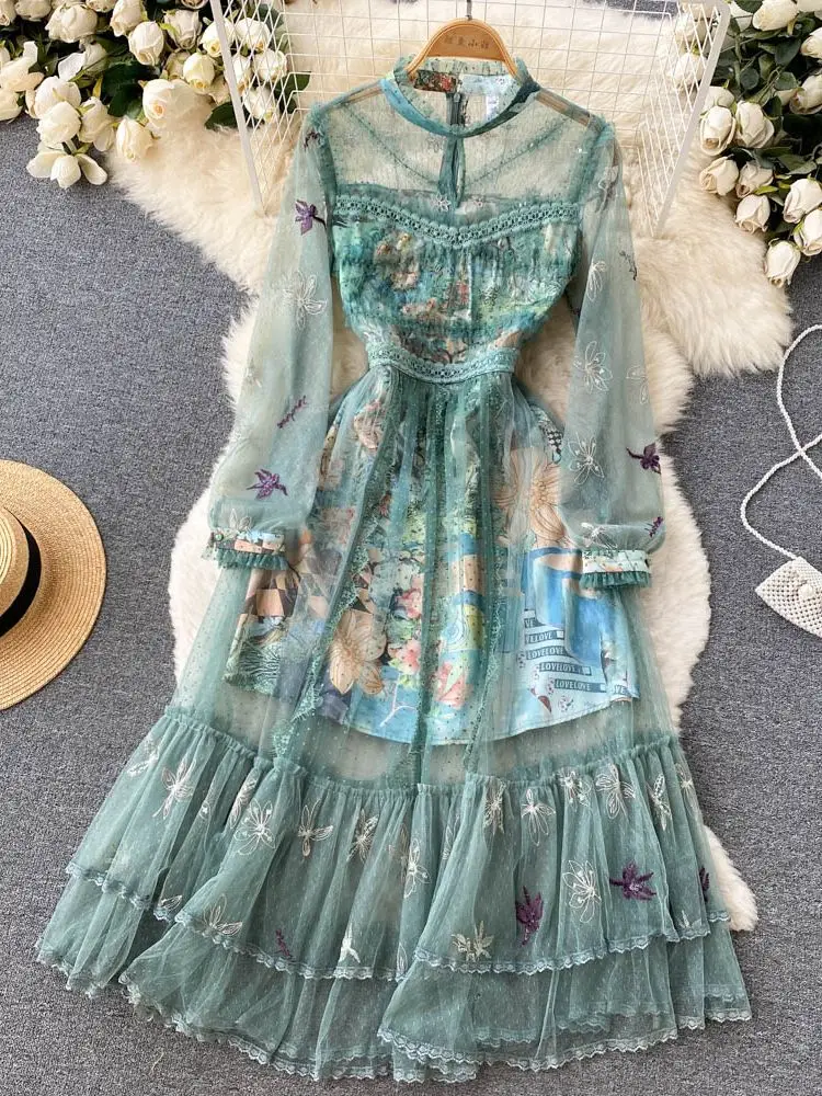 Vestido de empalme de malla para mujer, manga larga con cremallera y cuello redondo, elegante, A la moda, verano 2022