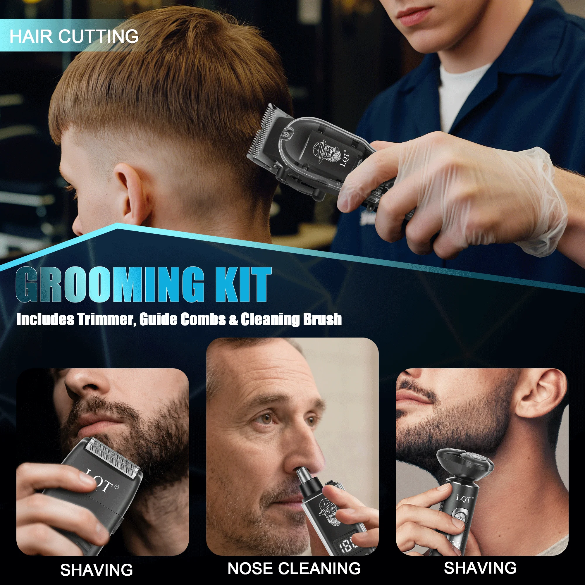LQT 3 In 1 Barber Hair Clipper Kit Transparent Body Rotary Bald Shaver Foil Shaver LCD Rechargeable Men Haircut Grooming Set