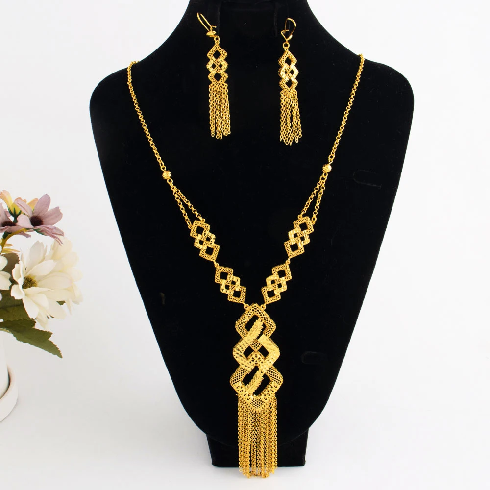 

Indian Bridal Jewelry Sets 24K Gold Plated Long Pendant Earrings Set For Women Nigeria African Dubai Wedding Party Gift