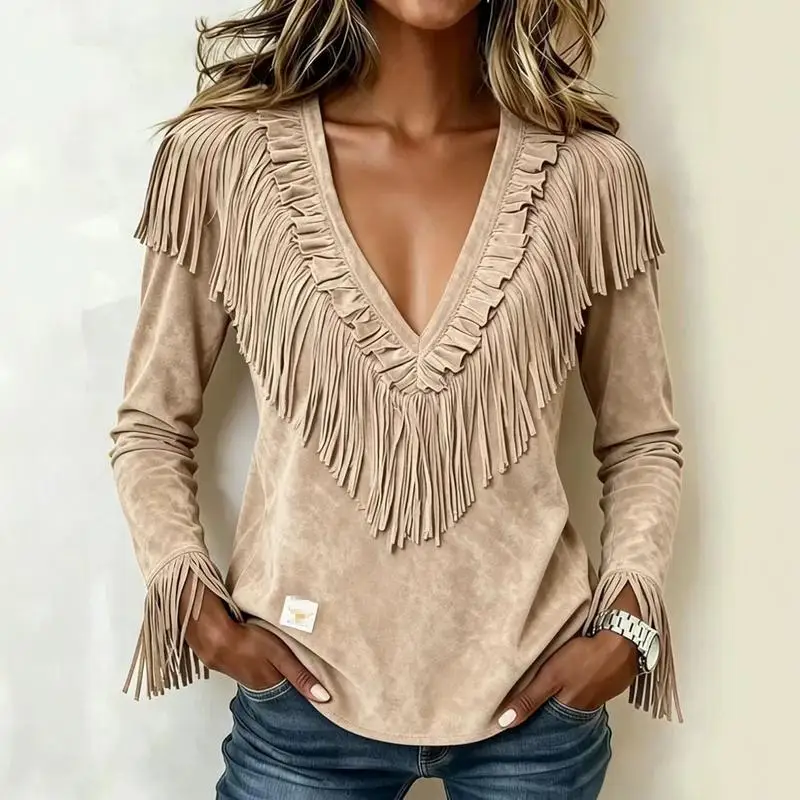 Autumn Winter New Women Casual V-Neck Fringe Splicing T-Shirt Cross-Border European American Fashion Design Sense Slim Fit Tops