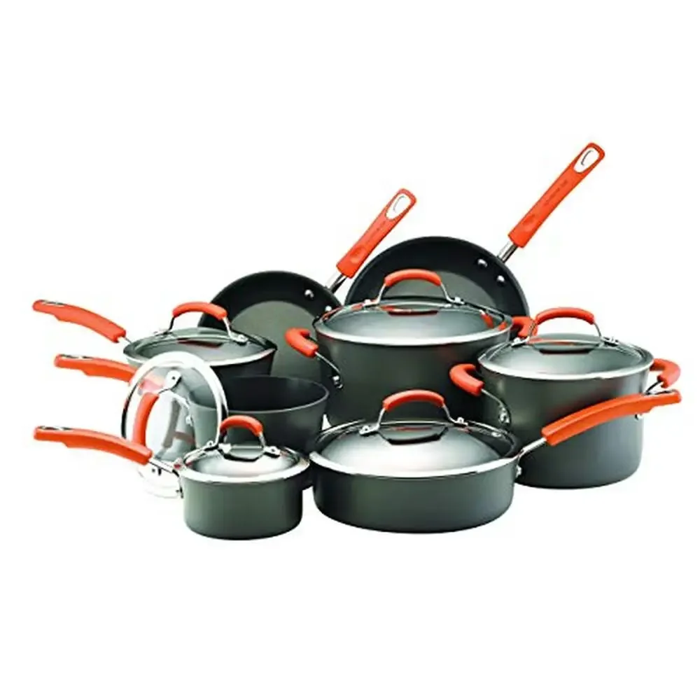 Hard-Anodized Nonstick Cookware Set 14-Piece Pot and Pan Gray Orange Handles Glass Lids Dual Riveted Handles Swift Heating Oven