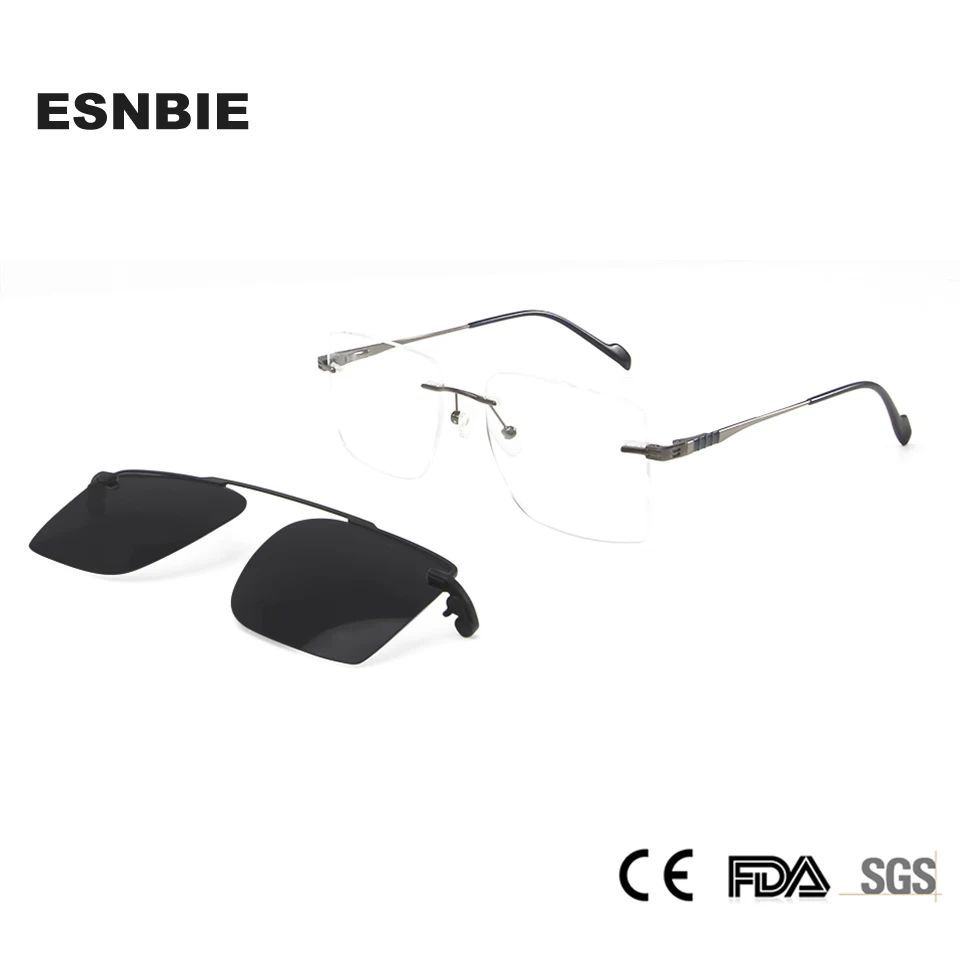 Frameless Glasses For Men With Magnet Adsorption Clip On Sunglasses Polarized Lens Square Rimless Myopia Prescription Eyeglasses