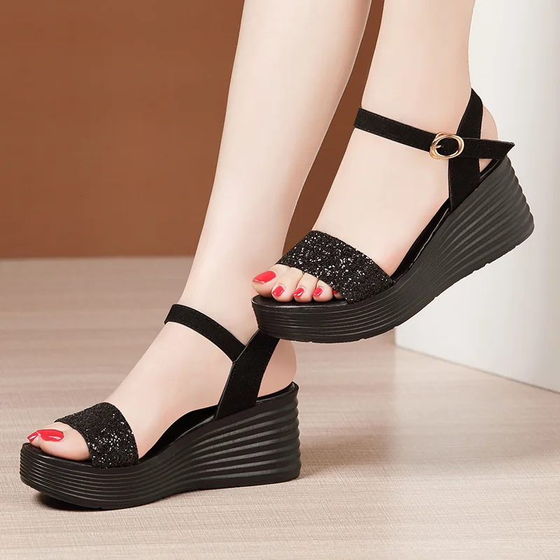 High quality summer wedge sandals for women 7cm high heel 2024 size 33 34 42 43 platform open toe elegant shoe black gold silver