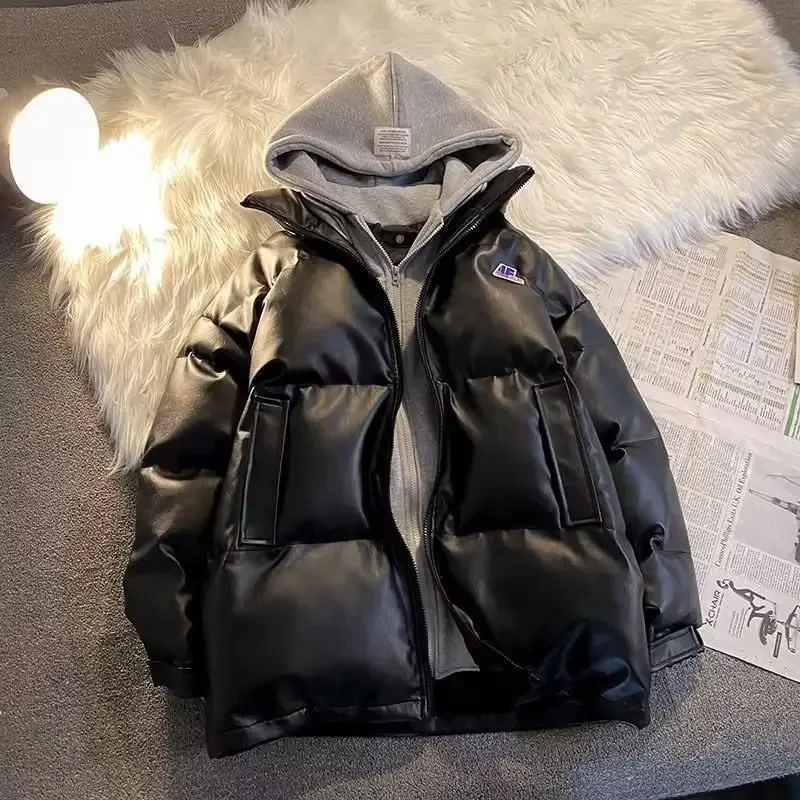 

OIMG Winter Fake Two-Piece Hooded Cotton-Padded Coat Style Loose PU Leather Cotton-Padded Coat
