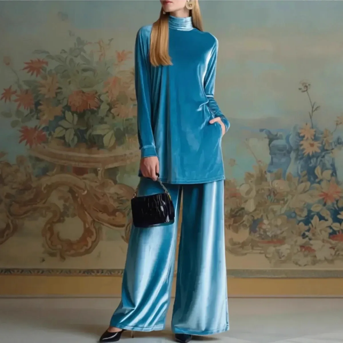 

Европейский и американский осенне-зимний женский золотой бархатный свободный топ с высоким воротником большого размера, широкий брючный костюм