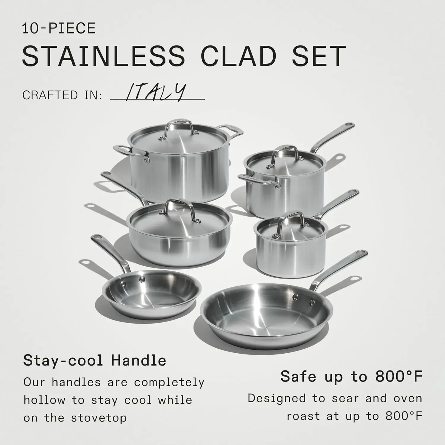 10 Piece Stainless Steel Pot and Pan Set 5 Ply Clad Includes Stainless Steel Frying Pans,Saucepans, Saucier and Stock Pot W/Lid