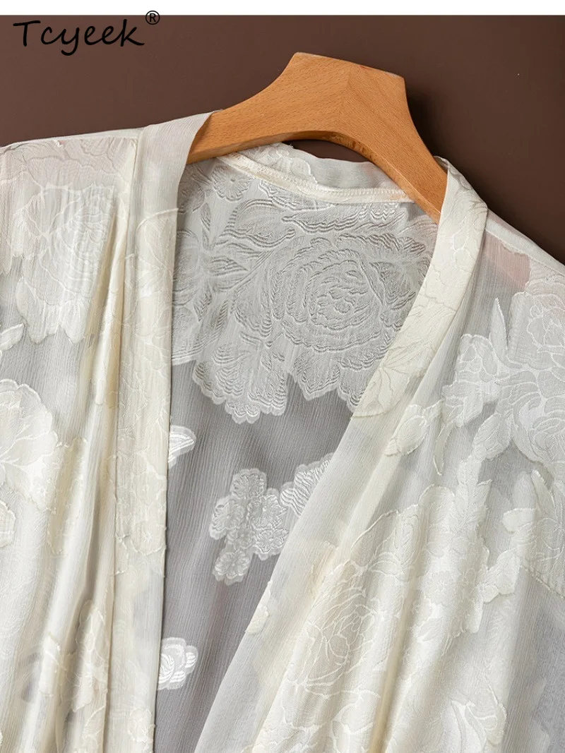 Tcyeek 100% Real Mulberry Silk Tops for Women 2026 Spring Flowing Elegant Long Sun-protective Shawl Clothes for Woman Ropa Mujer image 2