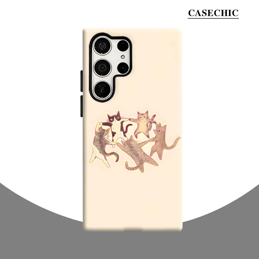 Dancing Cats Doodle Phone Case for Samsung Galaxy S26 S25 Ultra S24 S23 Ultra Plus Shockproof Double layer tough Back Cover