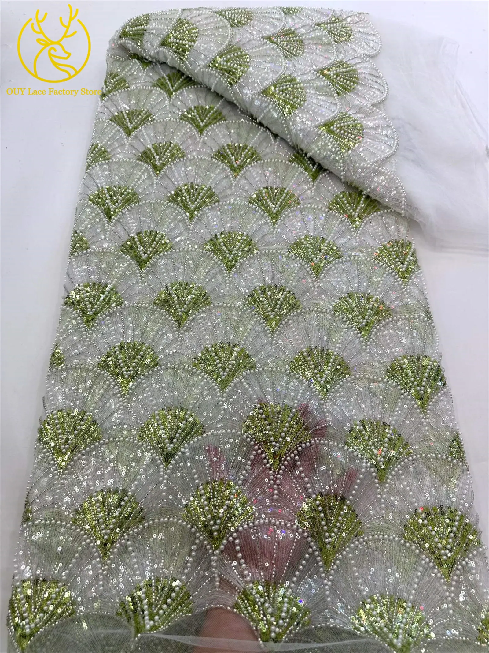 5 Yards Afrikanischer Pailletten-Perlen-Spitzenstoff Hochwertiger Französischer Tüll-Spitzenstoff Nigerianischer Spitzenstoff für Partykleider und Näharbeiten – Detail 10