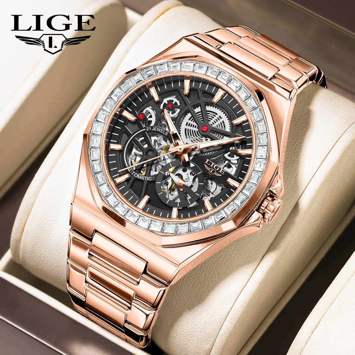 

2026 LIGE High-end Luxury Mens Watches Automatic Movement octagon Man Watch Stainless Steel Mechanical Skeleton Male WristWatch