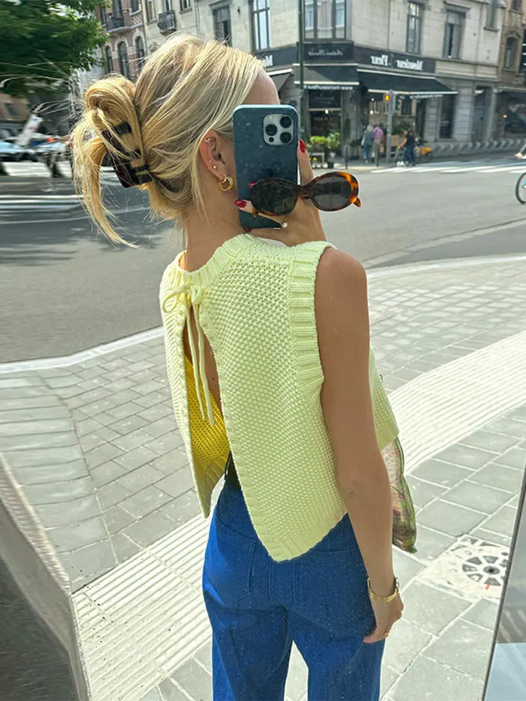 Up Casual Elegant Pullover Summer Autumn Chic Knitwear Yellow Knit O-neck Sleeveless Cropped Top Vest Sexy Backless Lace