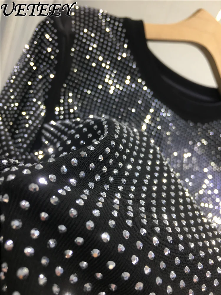 

Heavy Industry Rhinestone Base Shirt for Women Autumn Black Slim Fit Round Neck Long Sleeve Cotton Top Versatile T-shirt