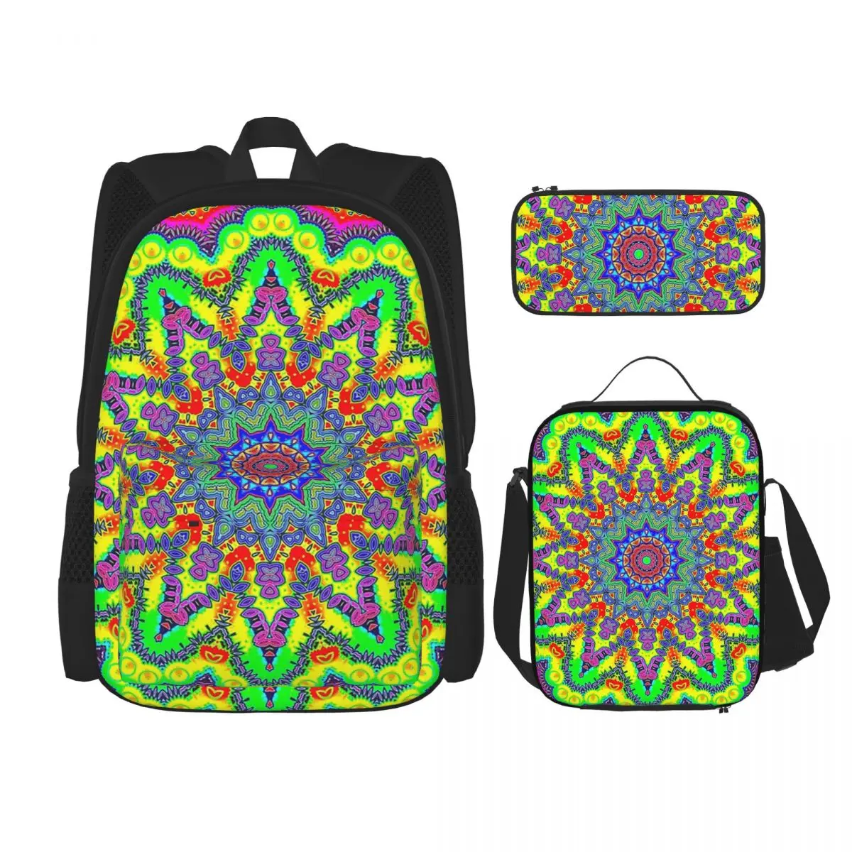 Psychedelic Trippy Acid LSD Art Backpacks Children Bookbag School Bags Rucksack Lunch Bag Pen Bag Three-Piece Set