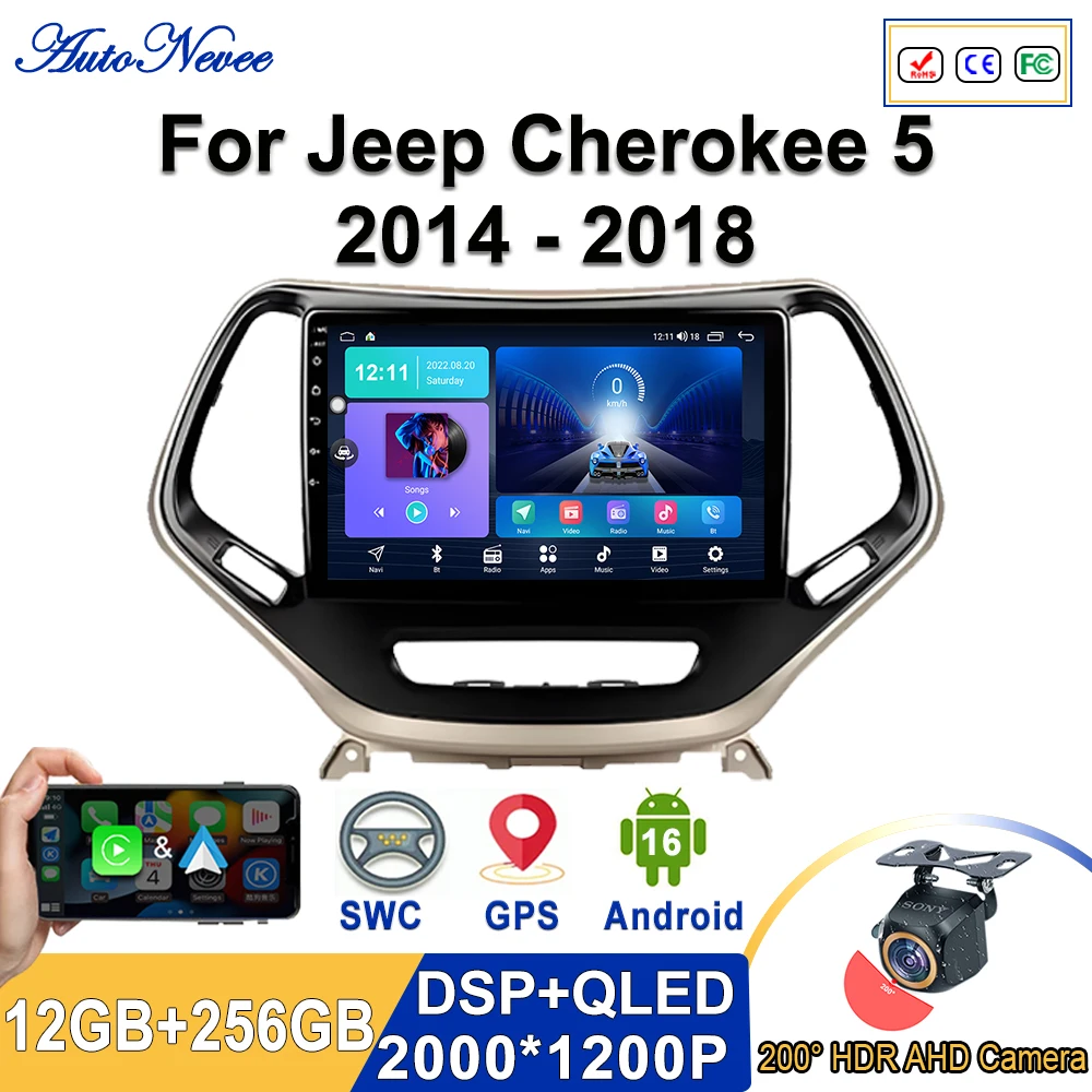 For Jeep Cherokee 5 2014 - 2018 Android 16 2K Incell Screen Multimedia Stereo Plug and Play Touch Screen High-performance CPU BT