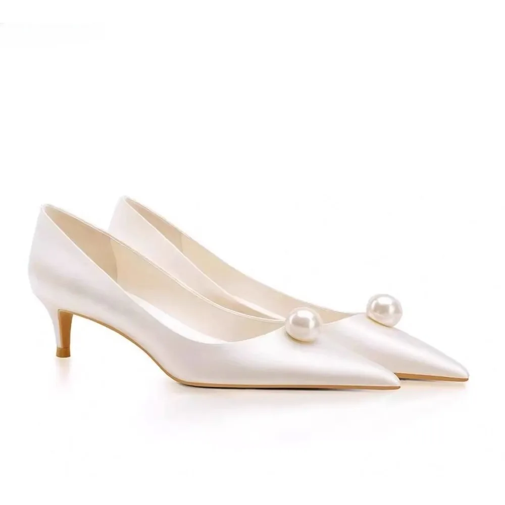 New White Satin Wedding Bride Shoes Pearl High Heels French Bridesmaid Shoes Fashion Pumps view 2
