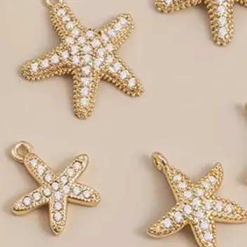 

14K Real Gold Starfish Pendant with Slightly Inlaid Zircon DIY Large Star Necklace Collarbone Chain Bracelet Jewelry Set