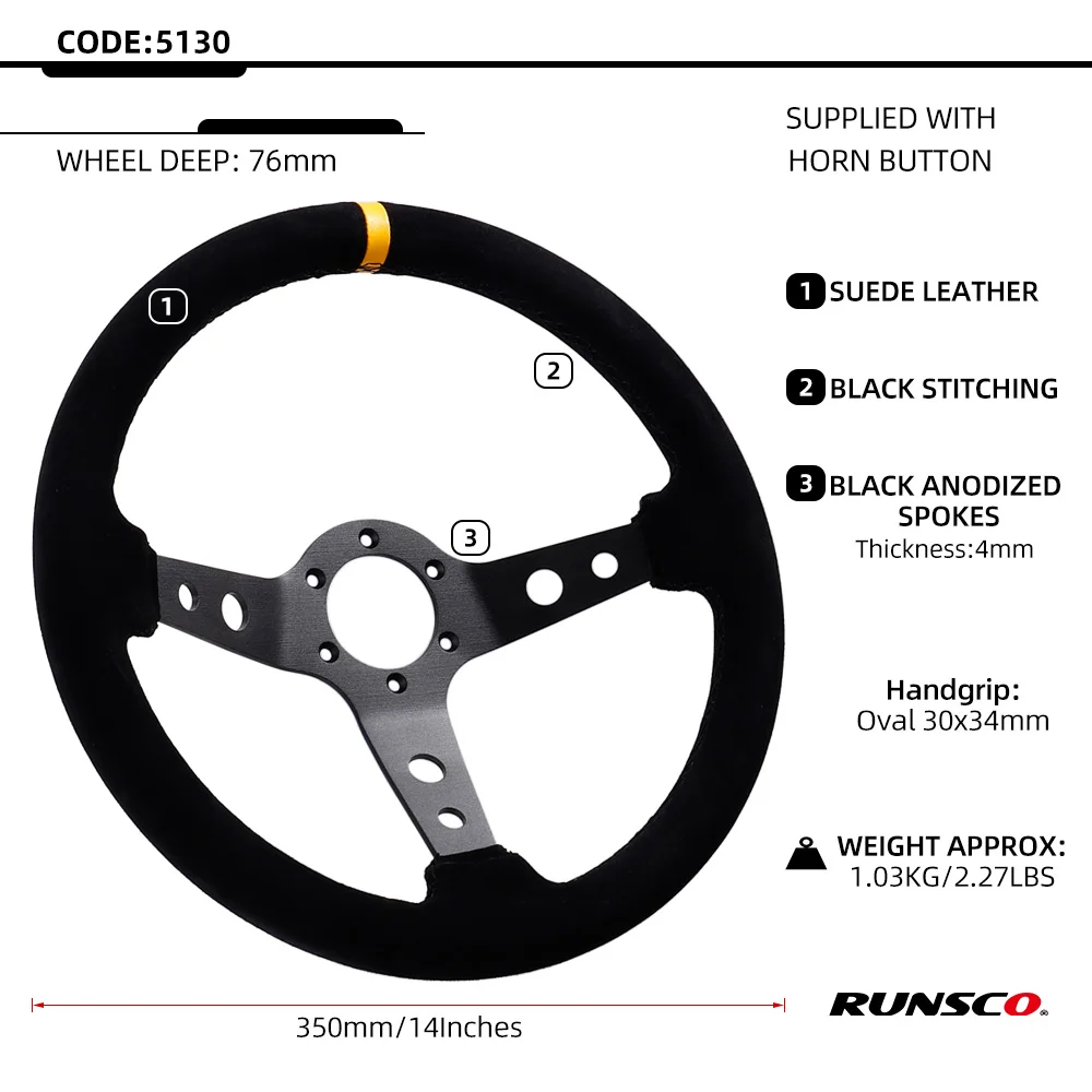 14Inch Racing Steering Wheel Suede 350mm Wheels with Horn Button Aluminum Frame PCD=6x70mm Deep-76mm Car/Game Universal