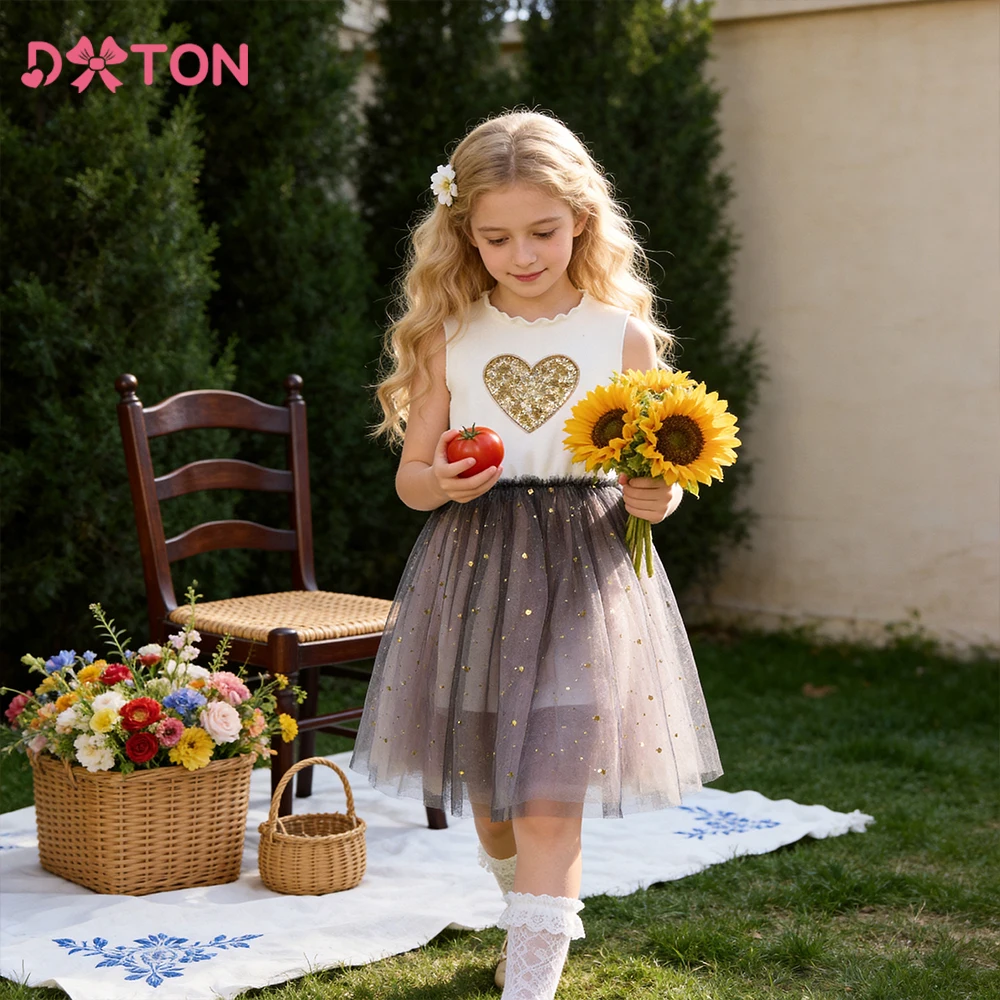 DXTON  Sleeveless Kids Dresses For Girls Summer Children Casual Clothing Sequined Heart Knitting Toddler Vacation Costume 4-10Y