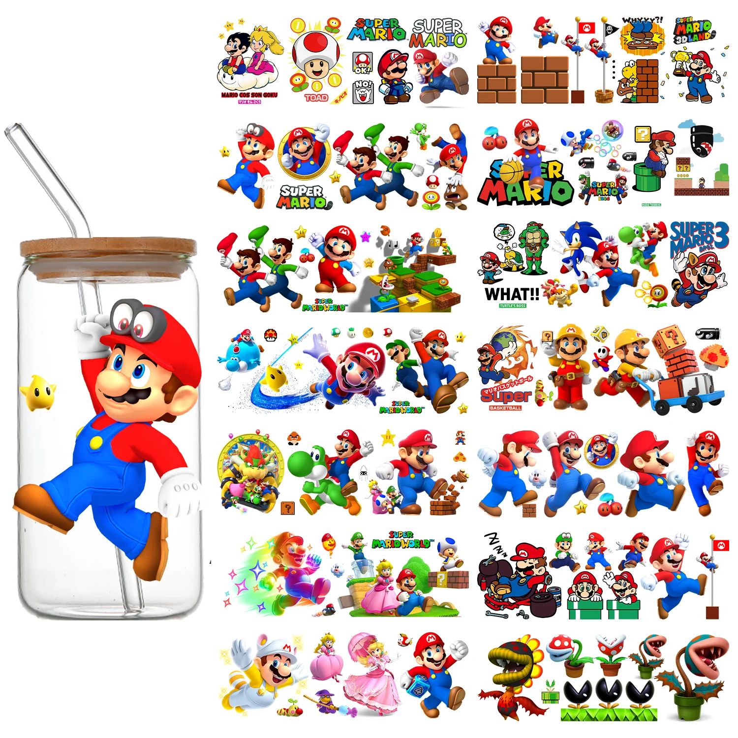 سوبر ماريو بروس لتقوم بها بنفسك القرطاسية ملصق دائم مقاوم للماء تخصيص نقل ملصق ماريو 16 أوقية الأشعة فوق البنفسجية DTF كأس ملصق هدية