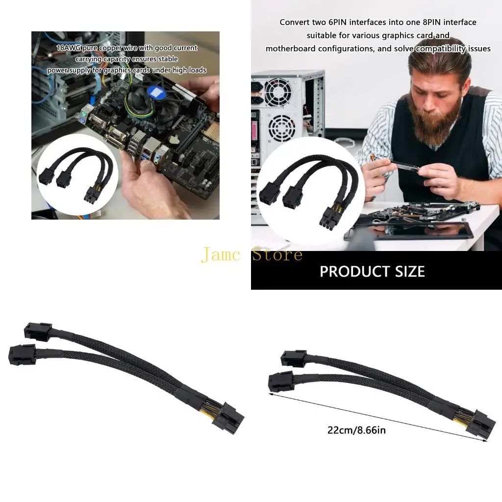 LX0B Double 6 Pin Female to 8 Pin Male Power Cable Upgrading PC Power Supplies Power Cable Adapter for Video Card Accessories