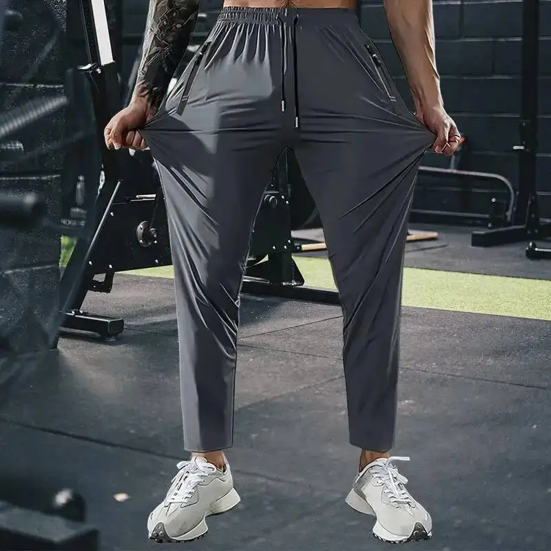 

Летние брюки из ледяного шелка, эластичные повседневные брюки для бега, свободная дышащая спортивная одежда, быстросохнущие брюки для мужчин