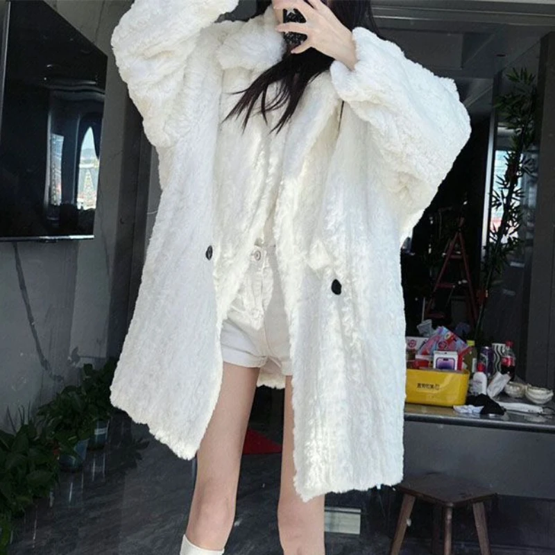 2023 Winter New Women Korean Style Faux Lamb Plush Fur Coat Female Fashion High-End Mid-Length Fleece-Lined Thick Casual Outwear