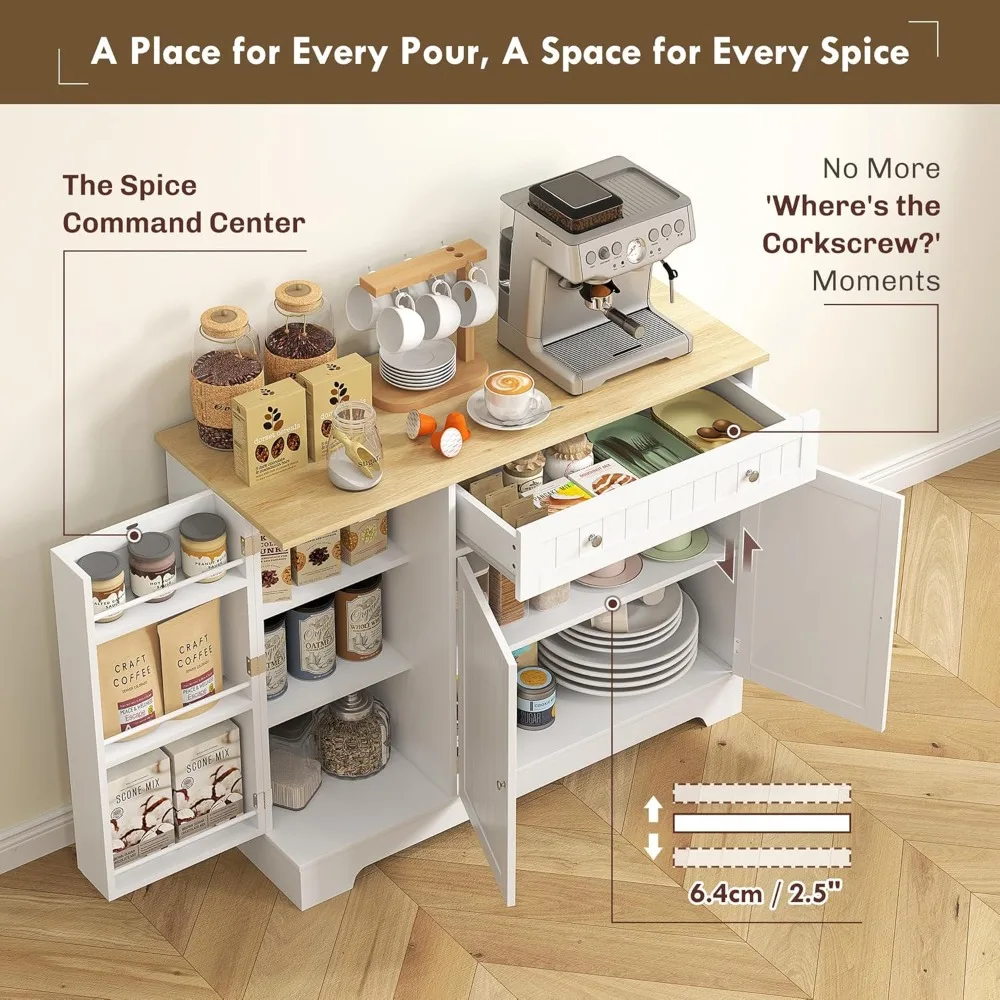 خزانة قهوة وبار معاصرة مع مساحة تخزين، بوفيه خزانة جانبية مع أدراج، أرفف قابلة للتعديل، مخزن مطبخ مدمج #4