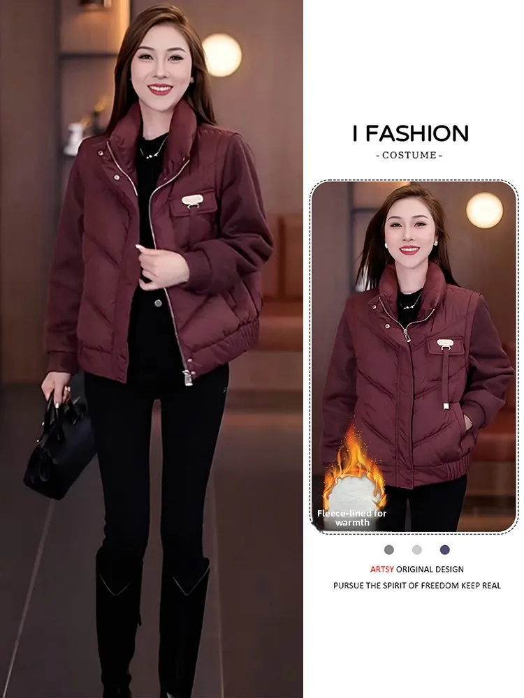 

Warm Fce Lined Thiened down Cotton Jaet Women's Sle Commute Simple Loose Fit Zipper Closure Long Sve Stand Collar