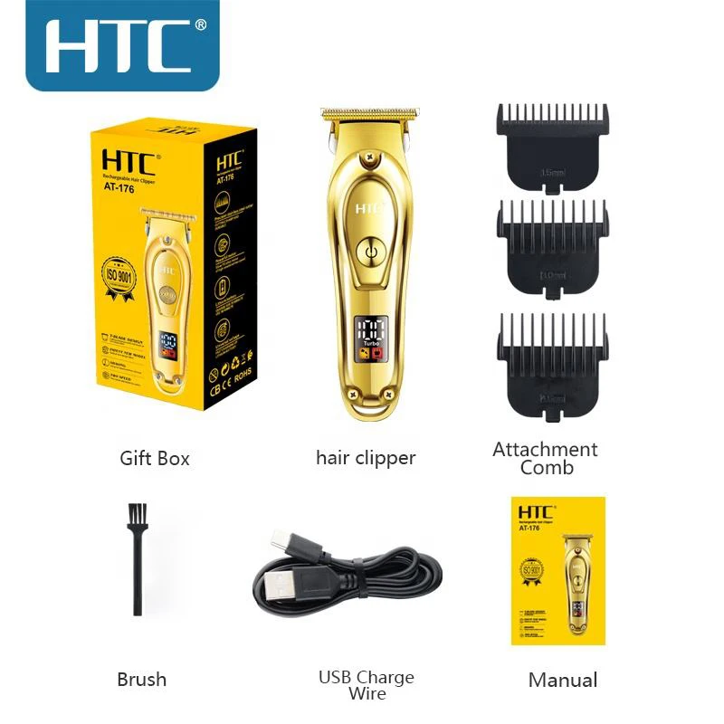 Htc At-176 Golden Color Blade New Patent Design Total Metal Cover With Led Display Lithium Battery T-Blade Hair Clipper