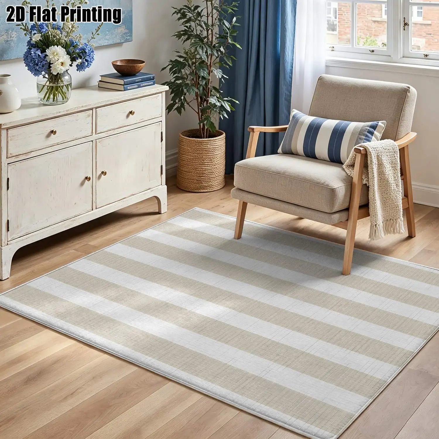 1Pc 2D Printed Beige Geometric Striped Nordic/Instagram Style Machine Washable Carpet Floor Mat for Multiple Scenes Home Decor