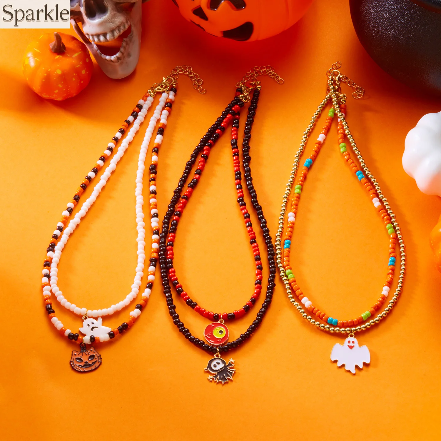 

Halloween Party Pumpkin Ghost Witch Double-layer Pendant Necklace For Women Color-blocking Bead Stacked Choker Punk Girls gift