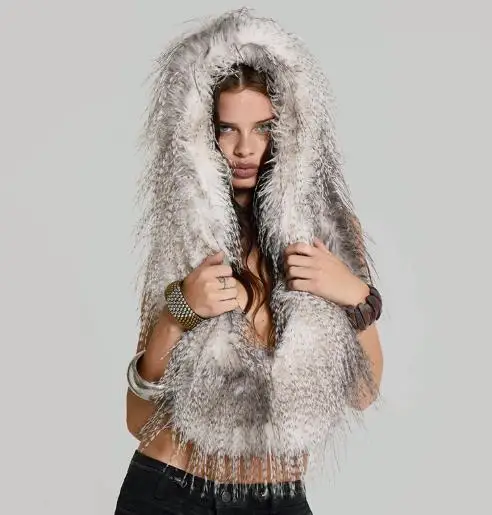 

2025 autumn and winter new women's hanging collar hooded deep V-neck fur tassel adjustable vest T-shirt