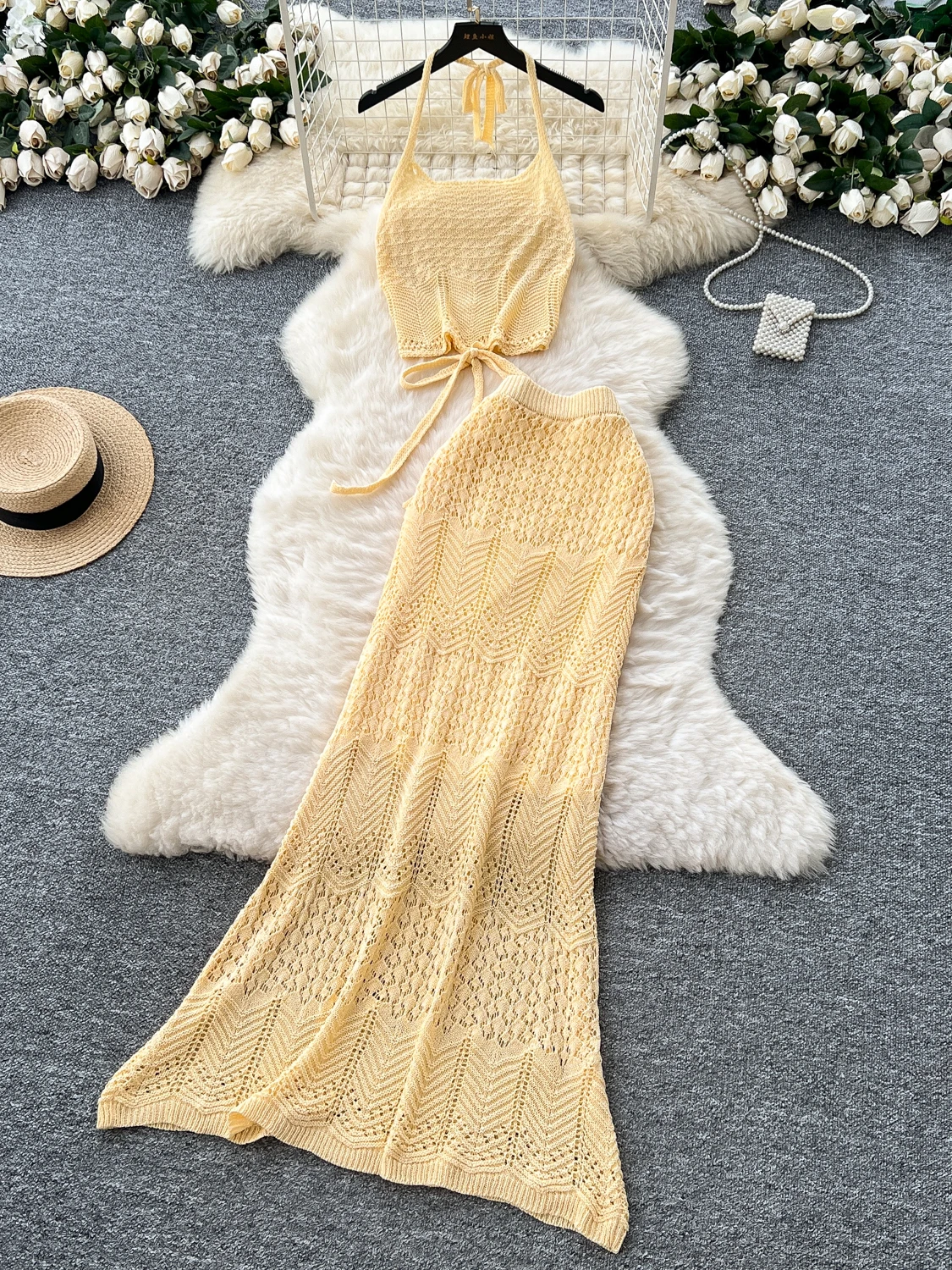 

Beach Vaion Matching Set Women's Summer Pure Desire Hanging Ne Tie Ba Top High Waist Knitted f Skirt Ensemble