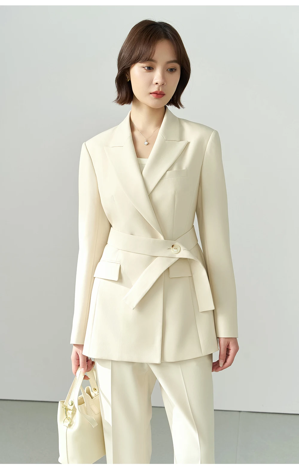 Allingentle – ensemble 2 pièces ivoire pour femmes, tailleur-pantalon avec ceinture, à la mode, pour tenues de bureau personnalisées