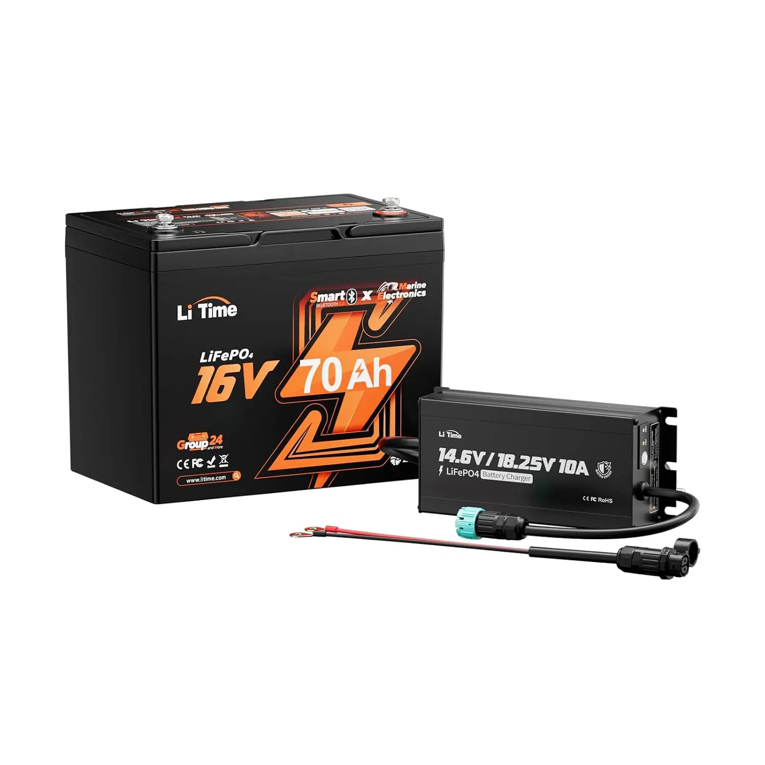 16V 70Ah Lithium Fish Finder Battery with 10A Charger Kit | Group 24, Bluetooth 5.0, 4000+ Deep Cycles, IP65, Custom