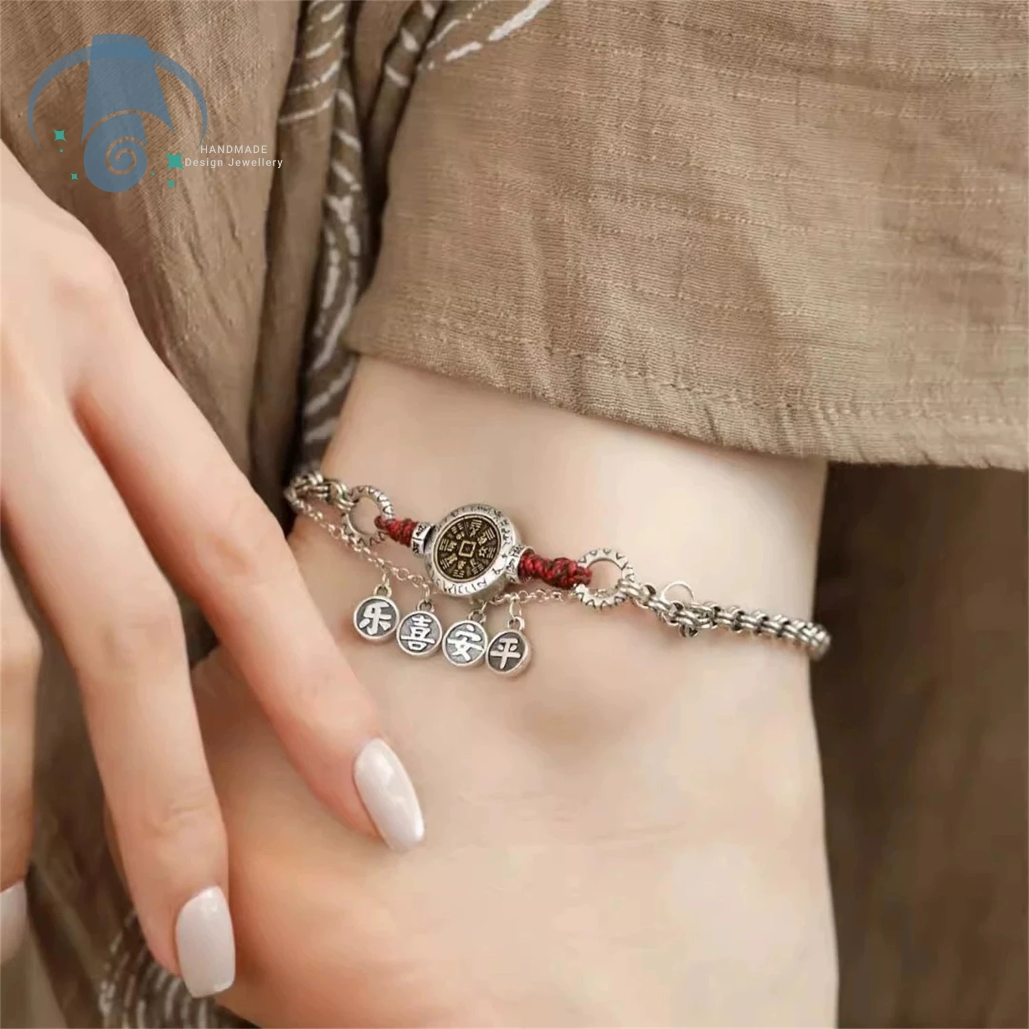 

Китайский браслет на щиколотке, браслет из красного шнура с антикварной монетой, очаровательные благословения удачи, украшения для ног на щиколотке, регулируемые унисекс, мульти