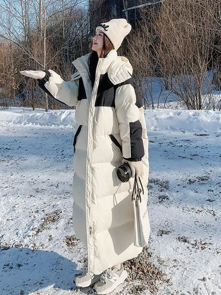 Parkas largas con capucha de retazos para invierno, abrigo de cintura acolchada de algodón grueso, ropa de nieve elegante, nuevo