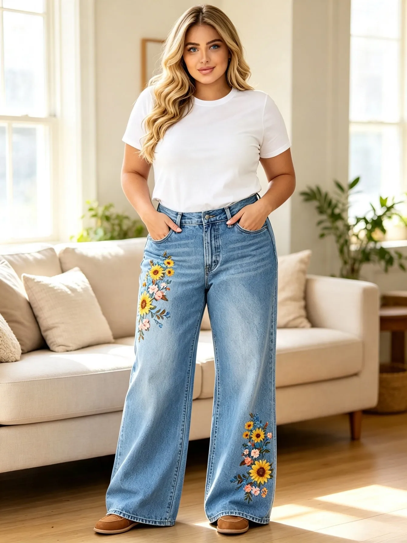 【HME】Jeans | Light Wash Denim Pants For Women, Bohemian Floral Sunflower Embroidered High Waist Flare Denim Jeans, Loose Wide‑leg Design To Hide Leg Imperfections For All‑season Matching