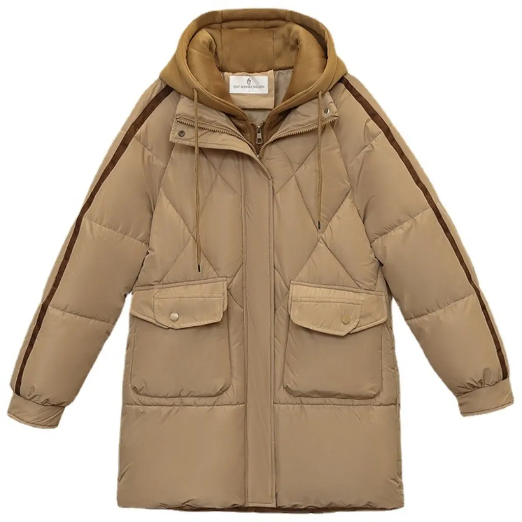 

Women's Casual Cotton-Padded Jacket Mid-Length Hooded Korean Style Loose Fit Winter Coat Contrast Color Knitted Hat Included