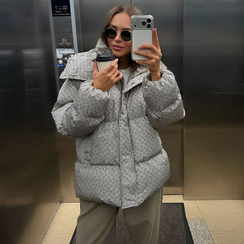 Bedruckte Damen-Pufferjacke mit Kapuze, Reißverschluss vorne, Langarmjacke, Oversize-Freizeitmantel, 2026, warme, modische Streetwear-Oberbekleidung – Detail 1