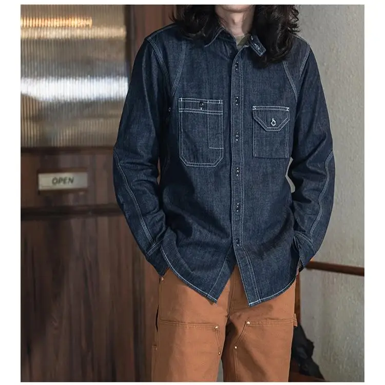 Non Stock 1933 Denim Workwear Shirt Three Needle Long Sleeve Thickened Standard Fit Pure Color Wear Resistant Smoking Pipe Ve...