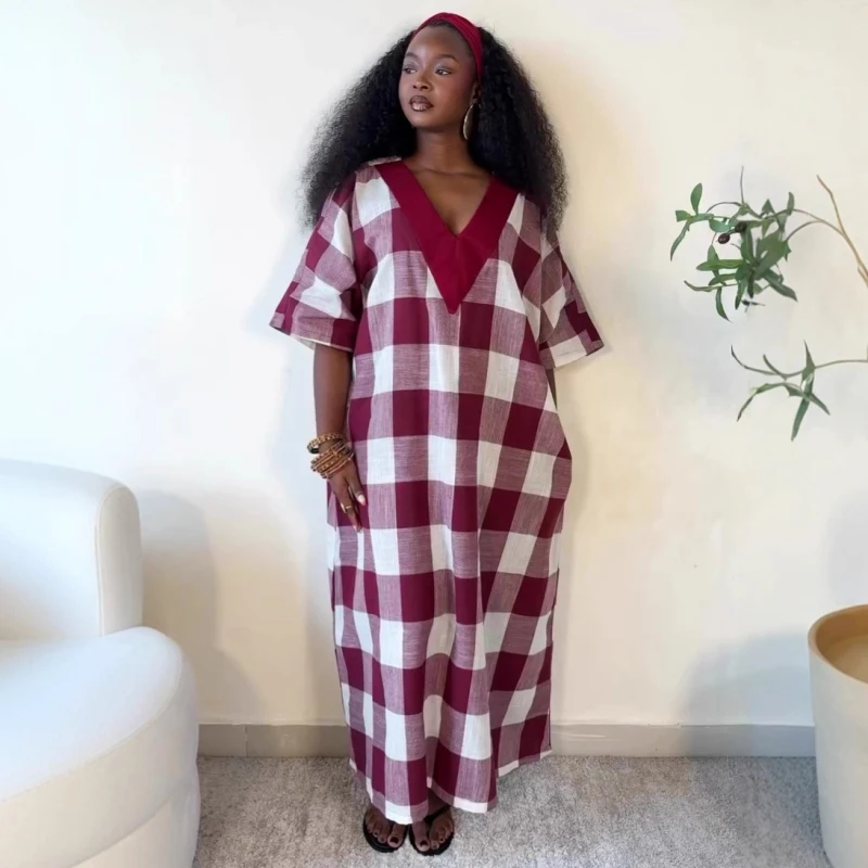 New African Fashin Women Dress Plaid Printed Short Sleeve V Neck Oversize Long Loose Dress With Pockets